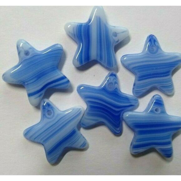 Unbranded Jewelry - 6 Star Shaped 15mm Translucent Blue Striped Quartz Pendants 1960s West Germany